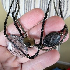 Long Layered Beaded Necklace Black Grey Oval Stones Statement Pendant whimsygoth